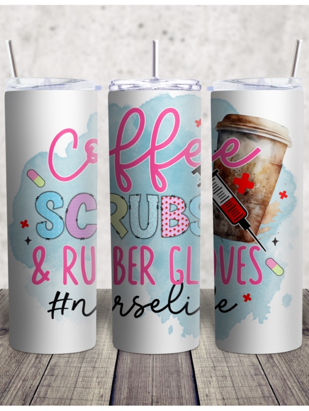 Hand Crafted Coffee Scrubs & Rubber Gloves Tumbler - Pink Blue White